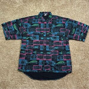 Vintage 90s Duncan Row Button Up Fish Shirt Size Large Block Color Nature Animal